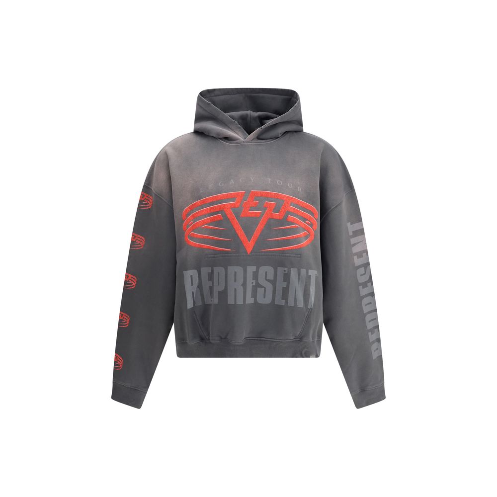 Grey hoodie with red vintage-style logo and Represent text on chest and sleeves