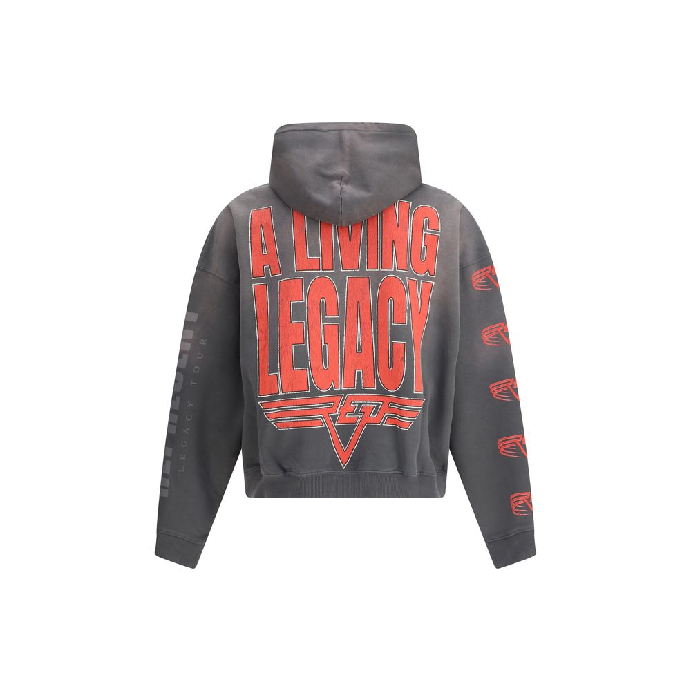 Gray hoodie with bold red text 'A LIVING LEGACY' and graphic design on back and sleeves