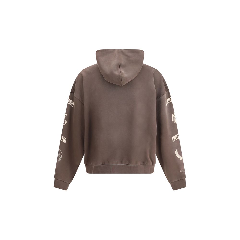 Brown hooded sweatshirt with white graphic text on sleeves, displayed on white background