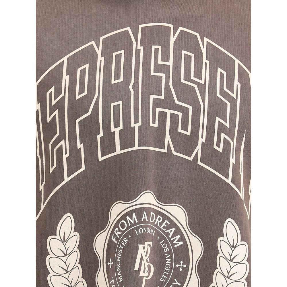 Close-up of brown sweatshirt with white varsity-style "REFRESH" text and decorative emblem featuring city names