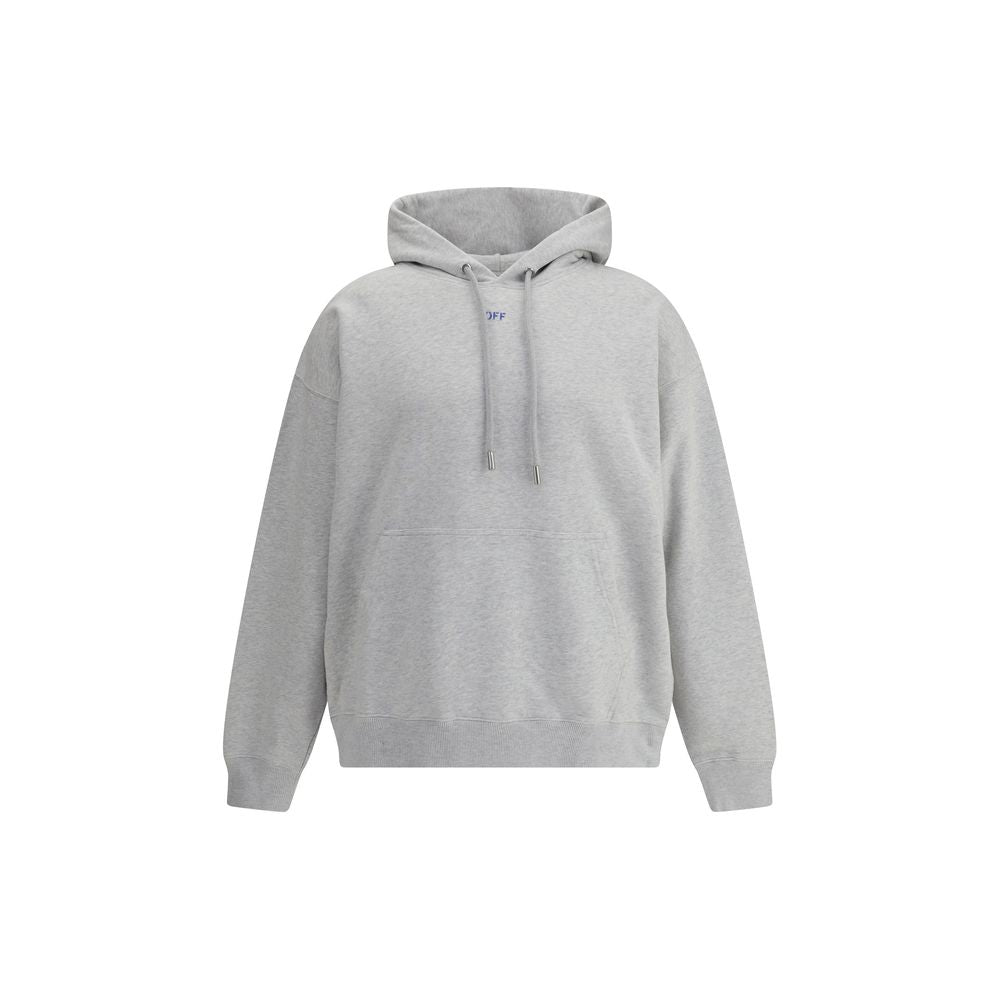 Light gray hooded sweatshirt with front pocket and small blue text on chest