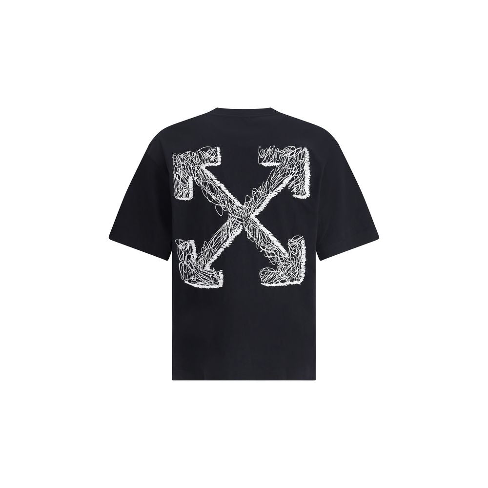 Black t-shirt with white scribble-style crossed arrows graphic on back
