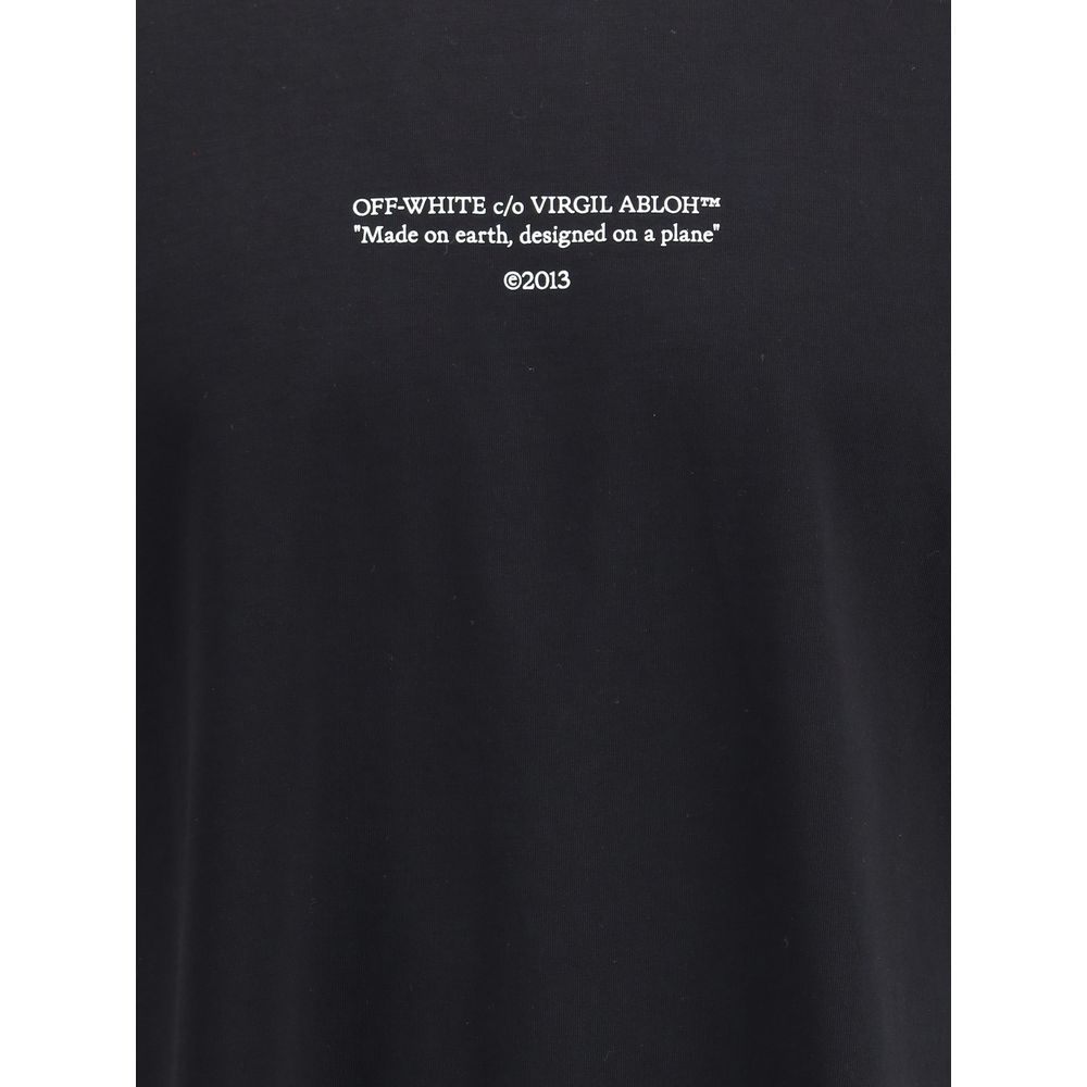 Black Off-White t-shirt with white text reading Made on earth, designed on a plane,©2013