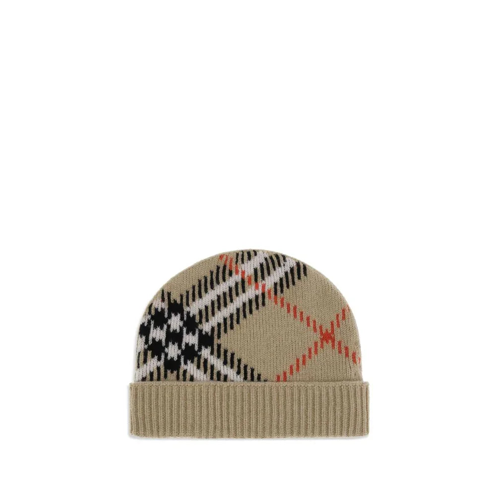 beige knit beanie with black, white, and red plaid pattern and folded cuff
