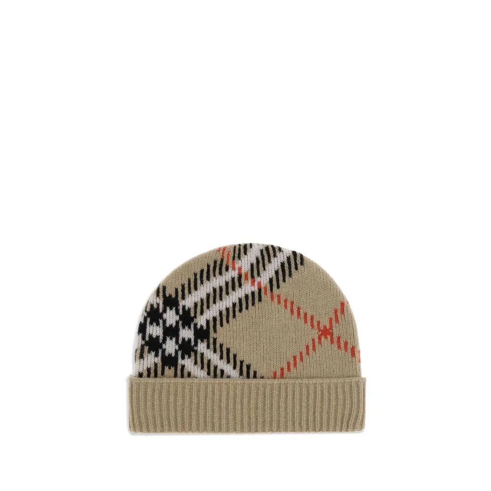 beige knit beanie with black, white, and red plaid pattern and folded cuff