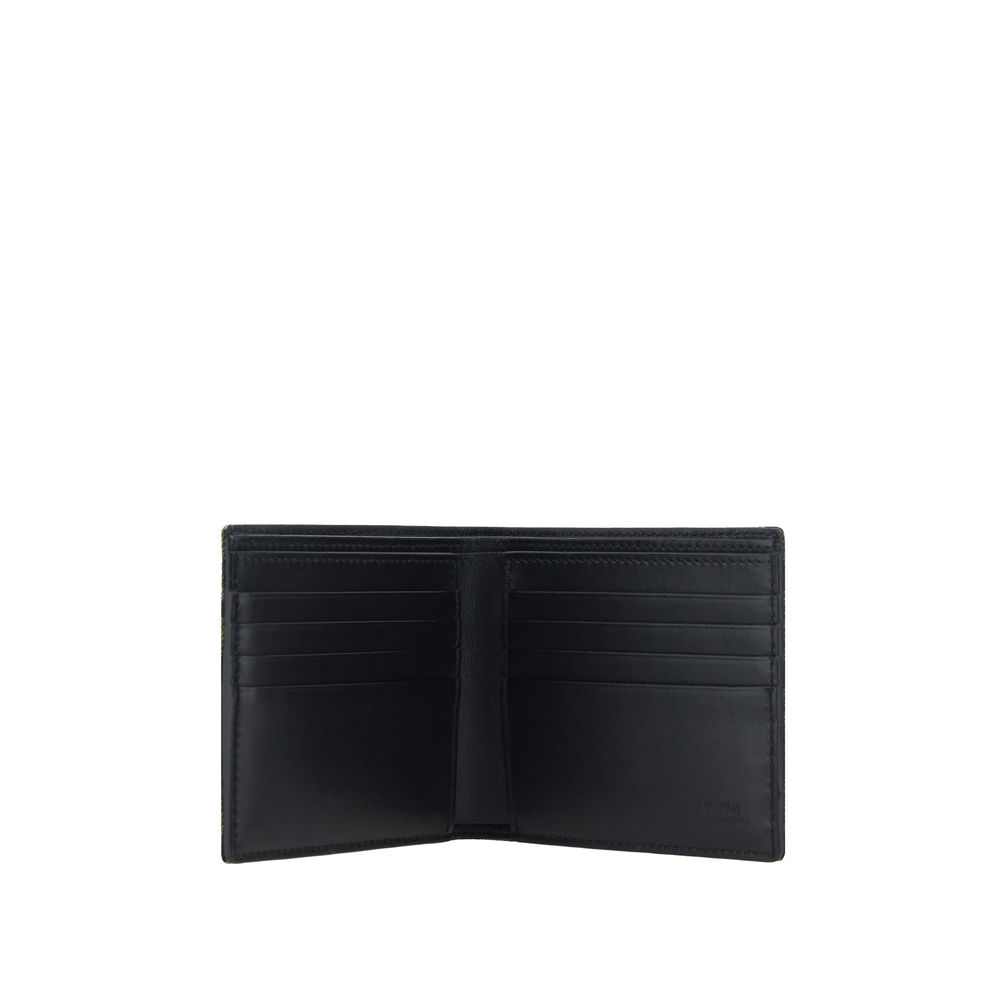 Open black leather men's wallet with multiple card slots and stitching detail
