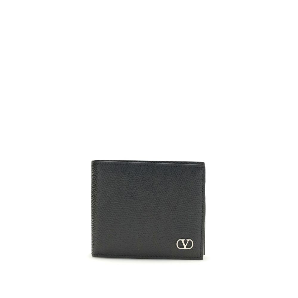 Black textured leather wallet with small silver logo on white background