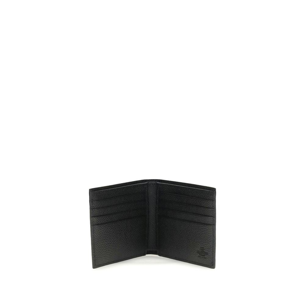 Black leather bifold wallet open showing multiple card slots on white background