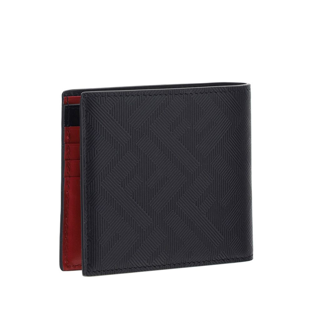 Black textured leather men's wallet with red interior card slots, bi-fold design