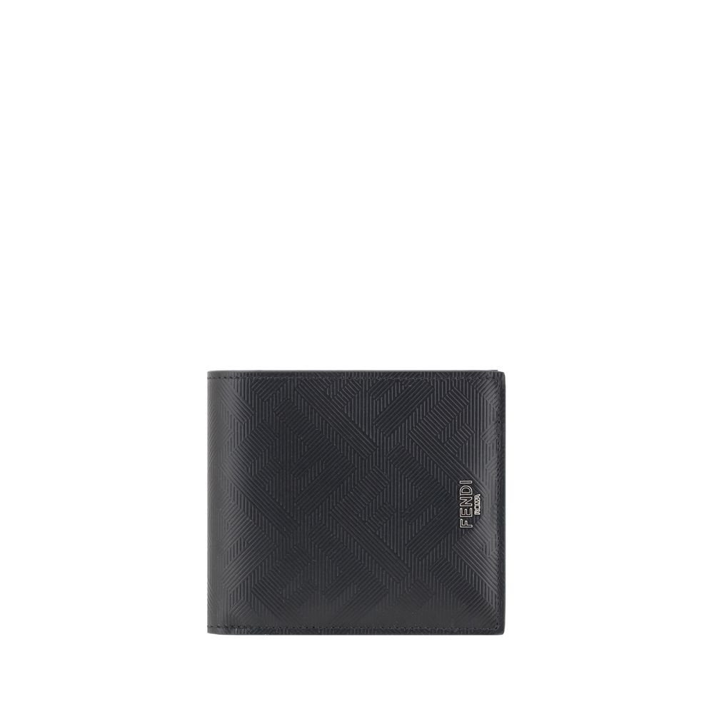 Black Fendi wallet with embossed geometric pattern and Fendi Roma logo