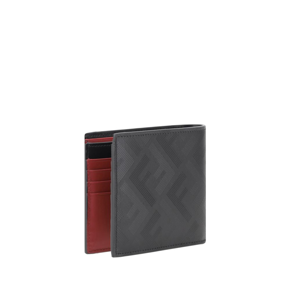 Black leather wallet with embossed pattern and red interior card slots on white background