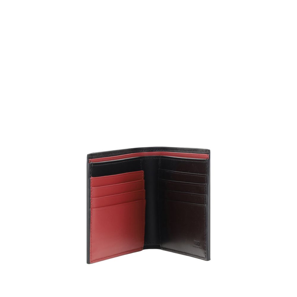 Open men's bifold wallet with black exterior and red card slots inside, leather material