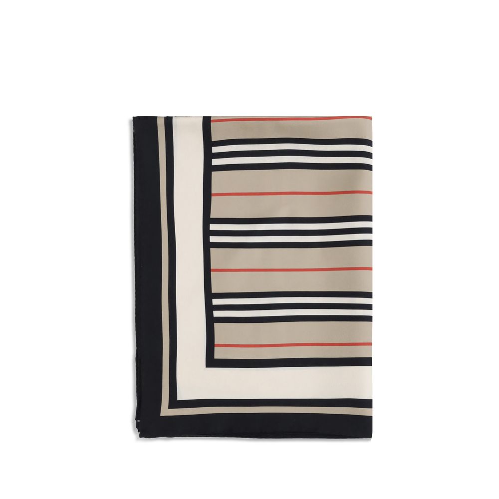 Folded silk scarf with beige, black, white, and red geometric stripe pattern