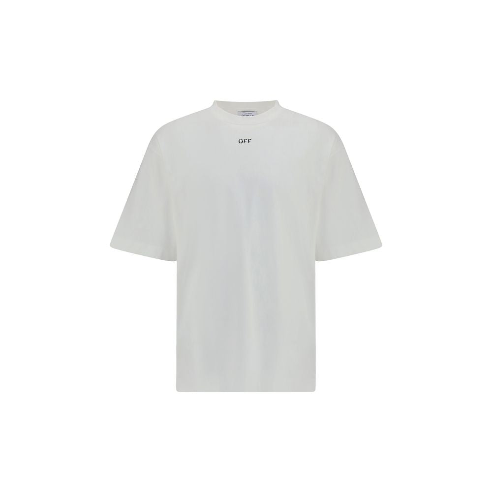 Plain white cotton t-shirt with short sleeves and small black 'OFF' text center chest