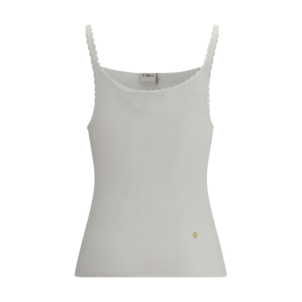 White ribbed tank top with scalloped edges and thin straps, Chloe brand