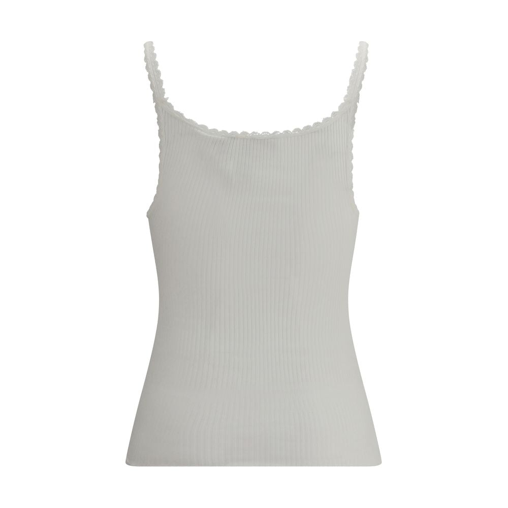 White ribbed knit camisole top with scalloped edges and thin straps on white background
