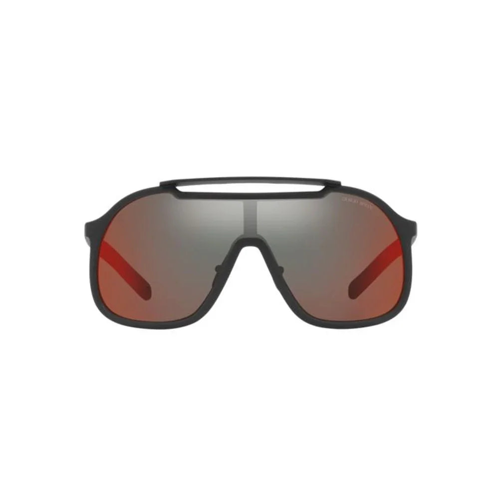 Black frame sports sunglasses with reflective reddish-brown lenses and a top bar detail