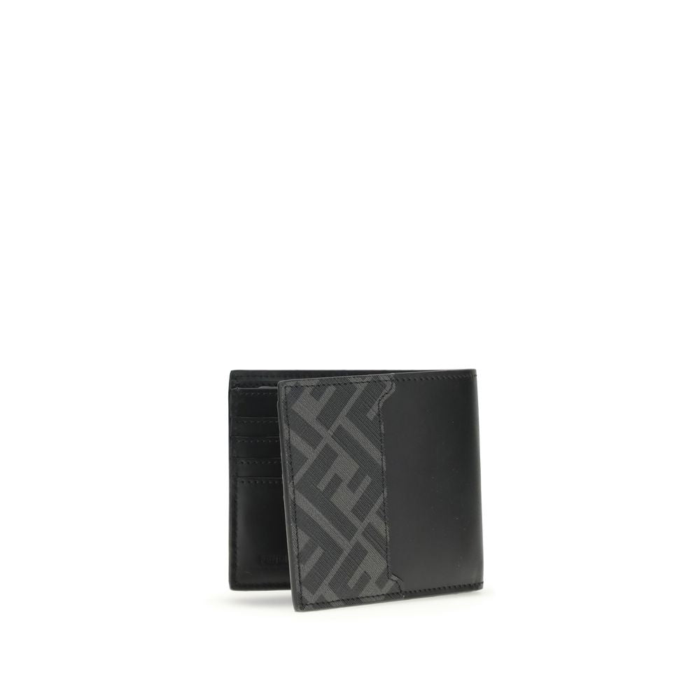 Black leather wallet with patterned fabric panel showing geometric design