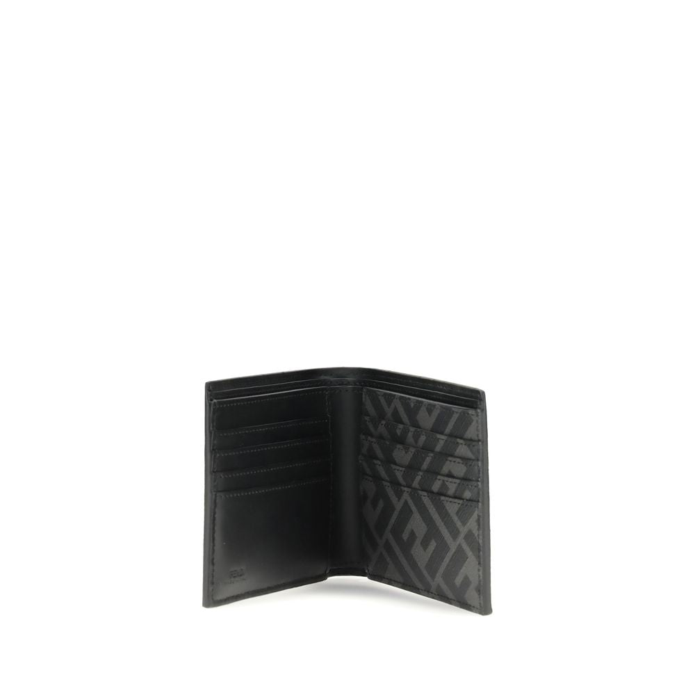 Black bifold wallet with multiple card slots and a textured pattern on the right side