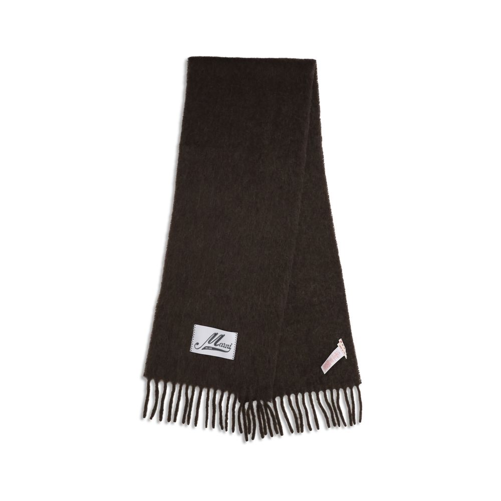 Dark brown fringed wool scarf with a white Maini Milano label stitched on front