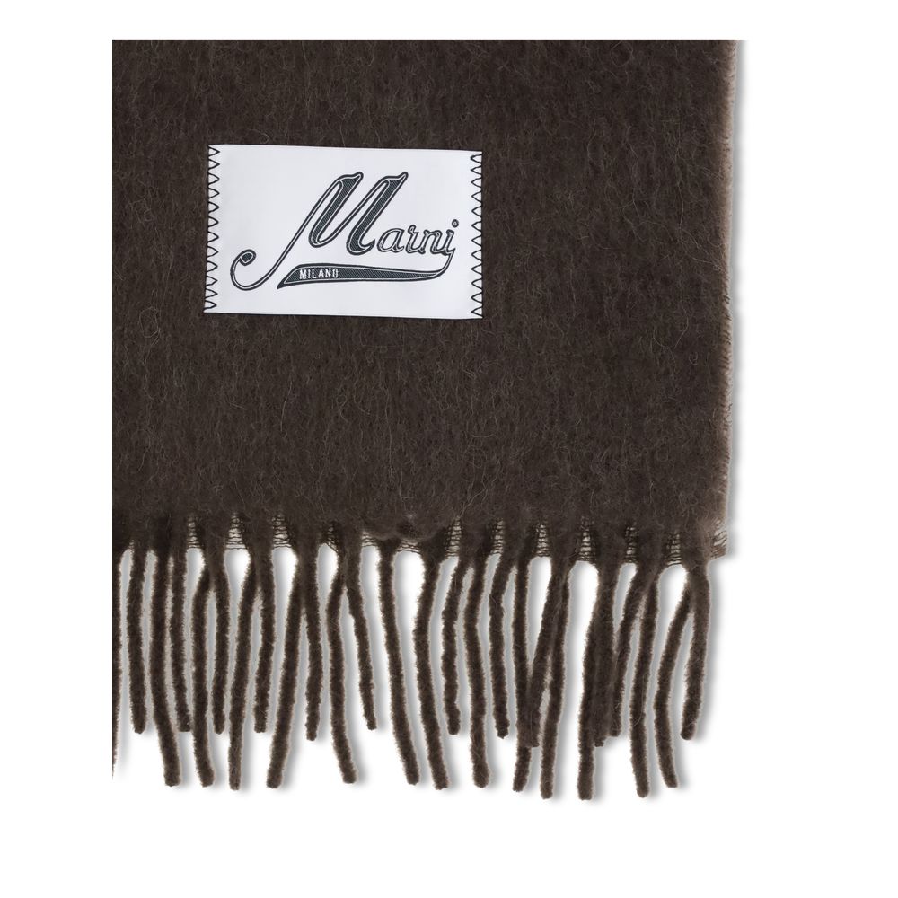 Brown wool scarf with fringed ends and white Marni Milano logo patch