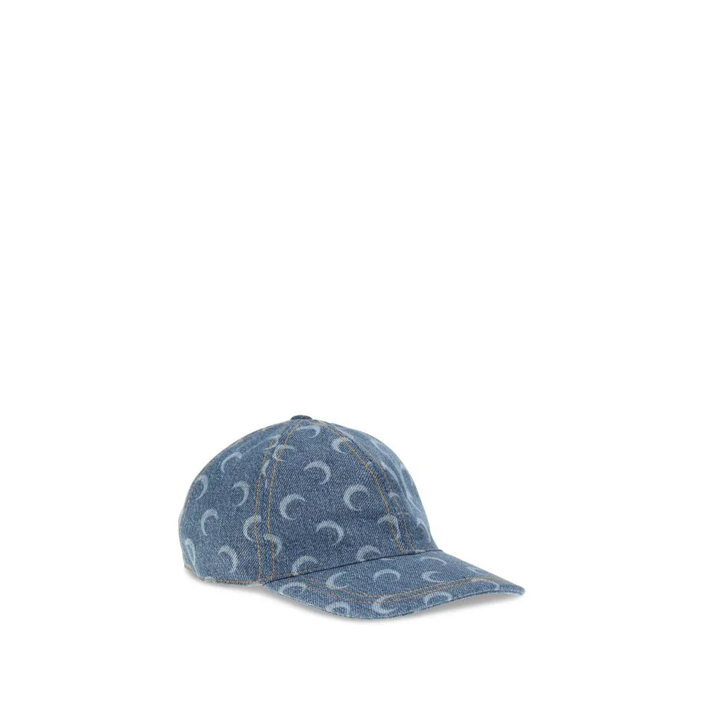 Denim baseball cap with light-colored crescent moon pattern and orange stitching