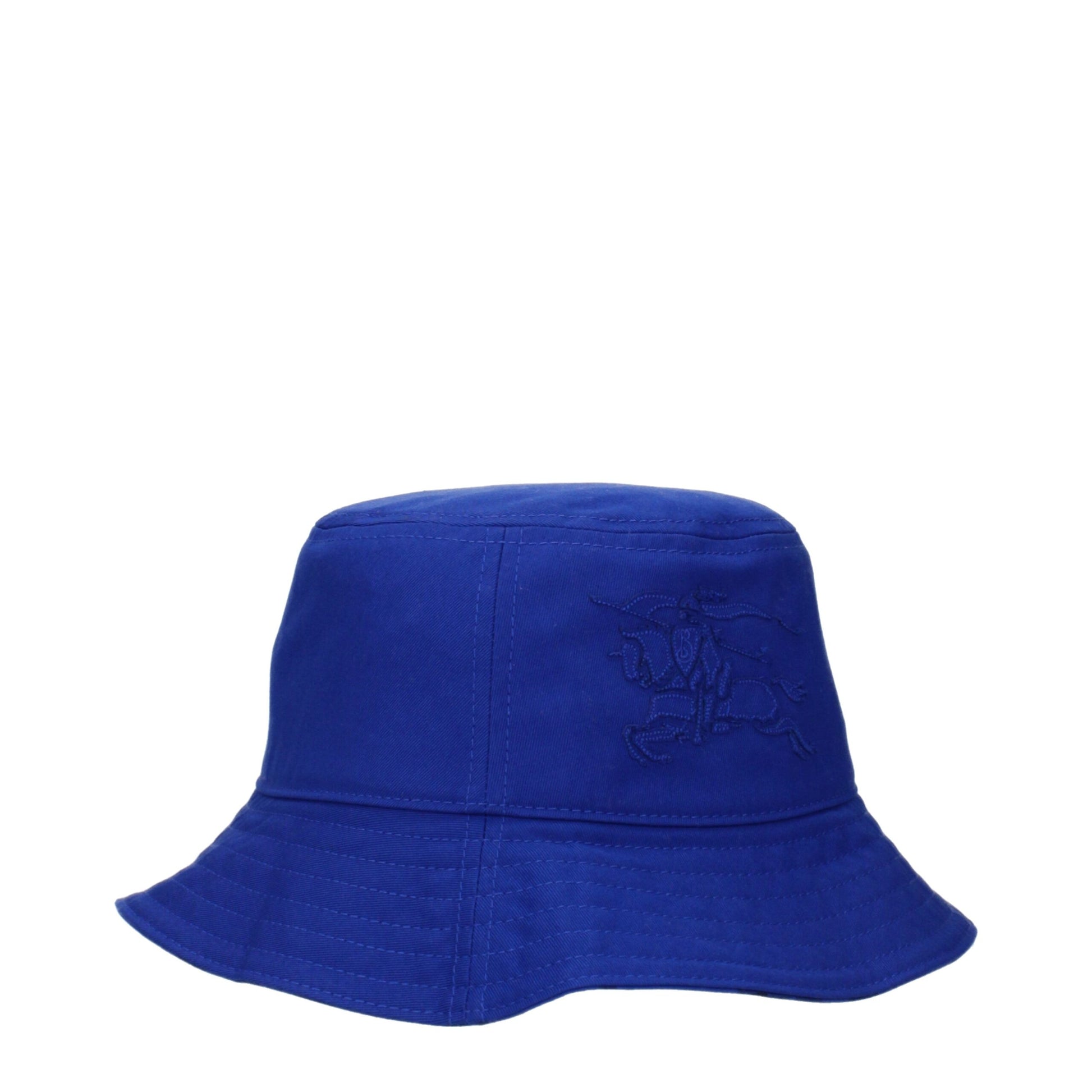 Blue bucket hat with embroidered knight on horseback logo on side