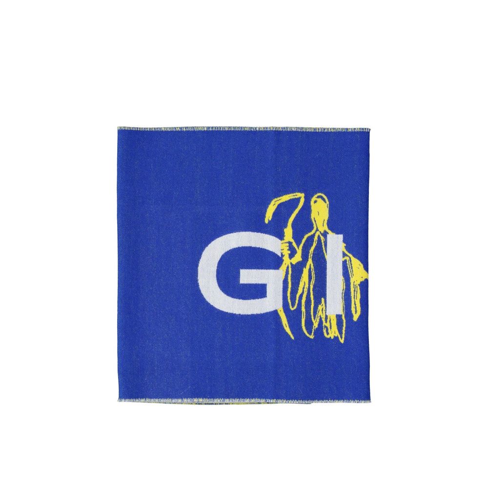 Blue woven fabric with large white letters GI and yellow abstract figure design