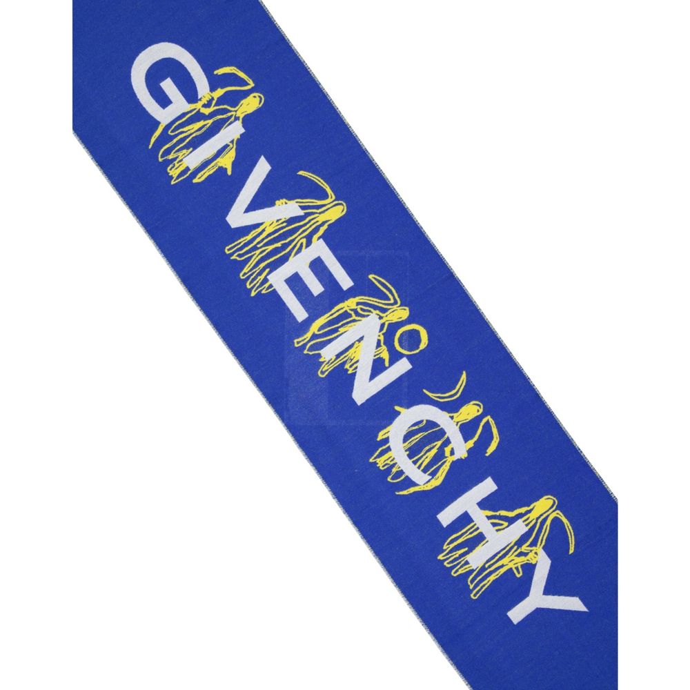 Blue Givenchy scarf with white logo text and yellow abstract angel illustrations