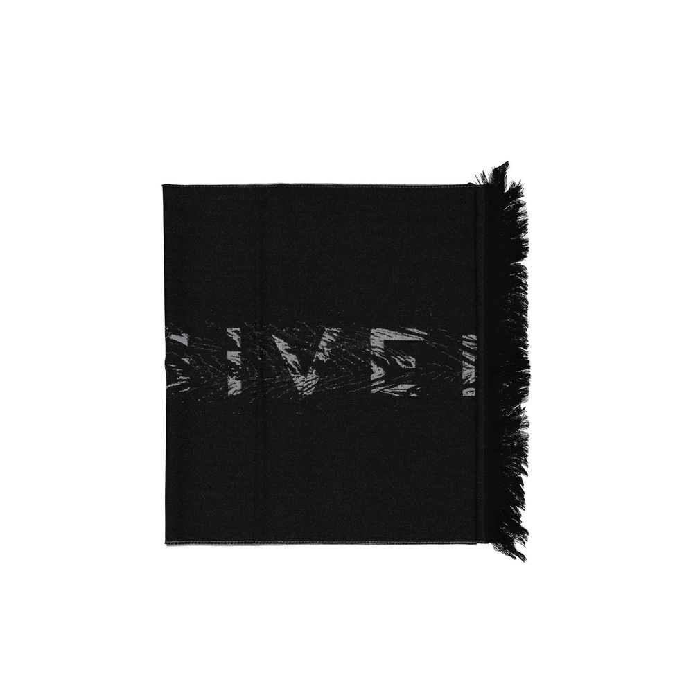 Black woven scarf with fringed edge and subtle distressed text design