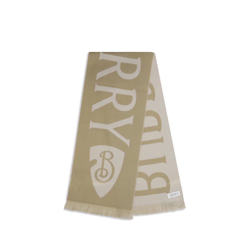 Beige and white Burberry scarf with logo shield and fringed edges on white background