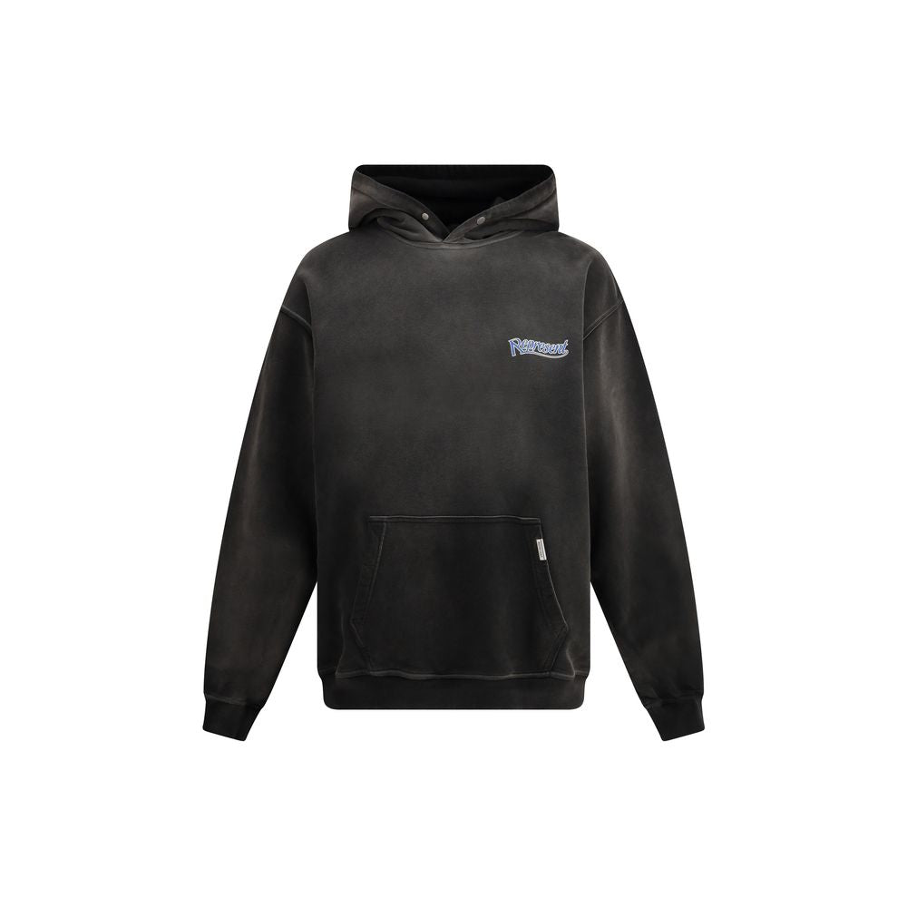 Black Represent brand hoodie with front pocket and logo on chest against white background
