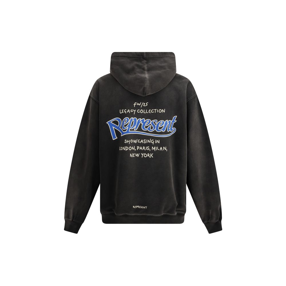 Black Represent hoodie with blue logo and text showcasing London, Paris, Milan, New York