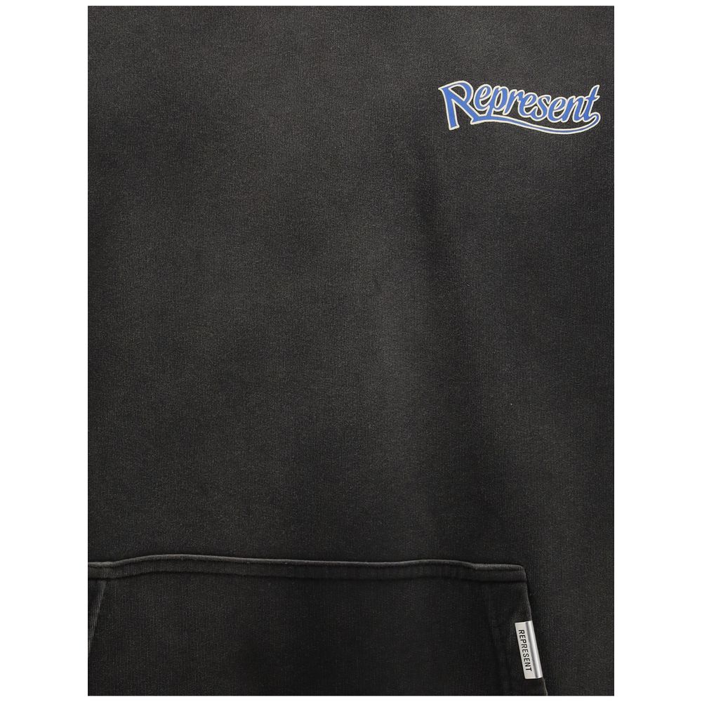 Black hoodie with blue and white Represent logo on chest and Represent tag on front pocket