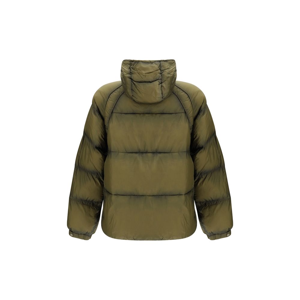 Back view of olive green puffer jacket with hood and long sleeves on white background