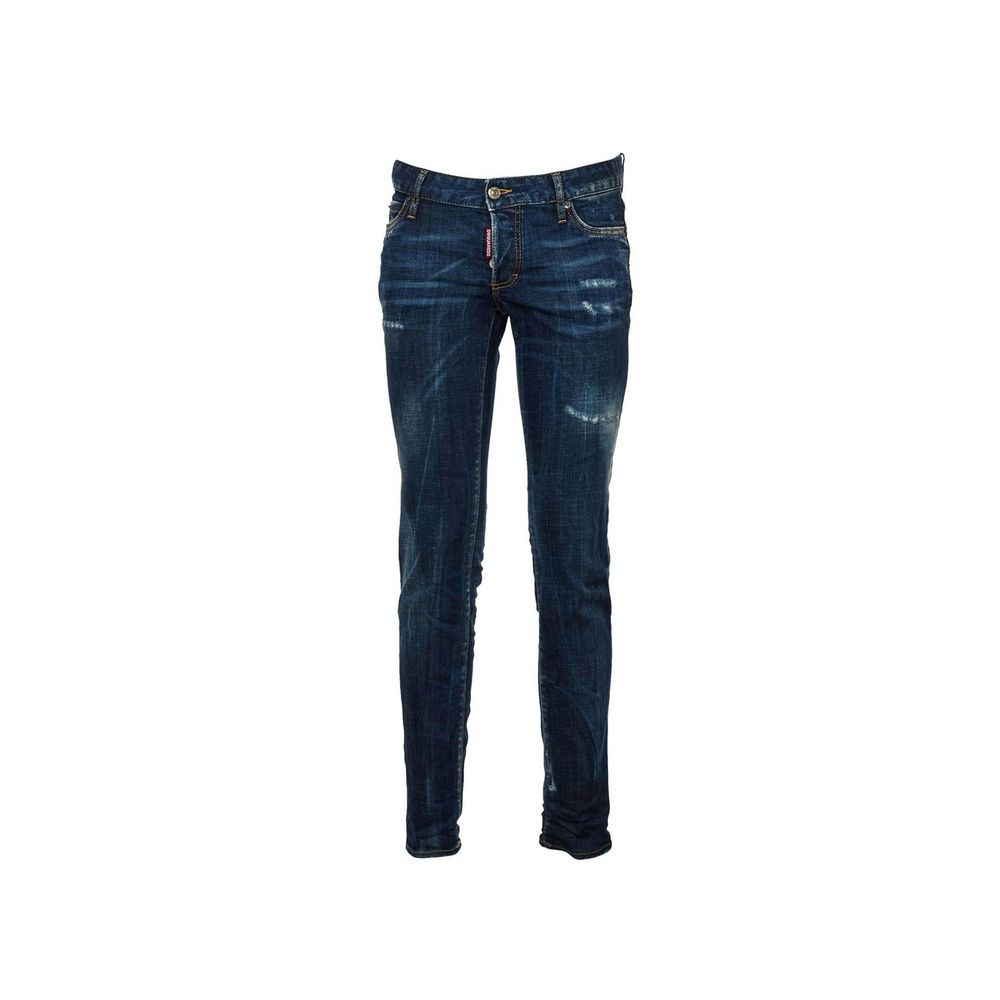 Dark blue skinny jeans with distressed details and whiskering effect on white background