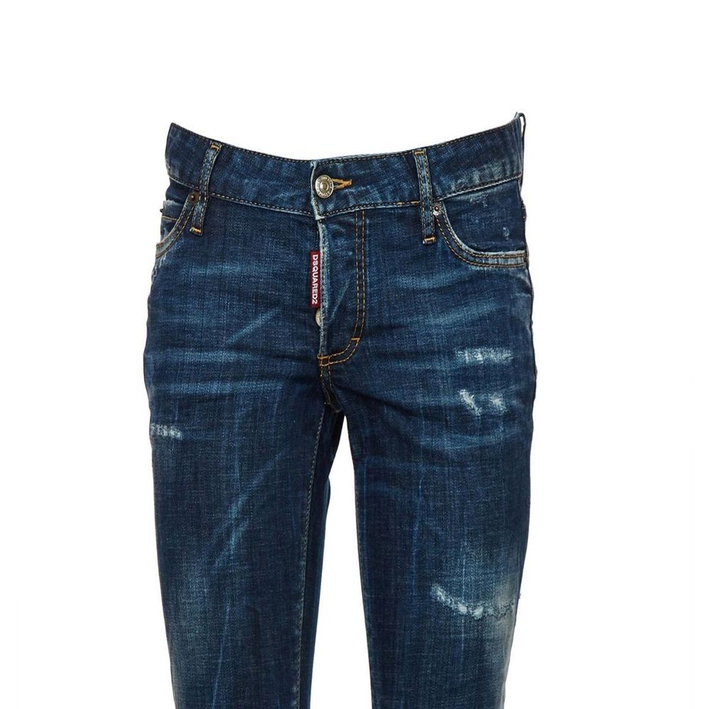 Dark blue distressed denim jeans with front button and red Dsquared2 label