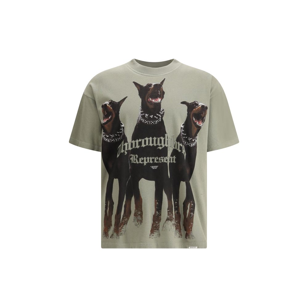 Gray T-shirt featuring three Doberman dog prints with studded collars and gothic text