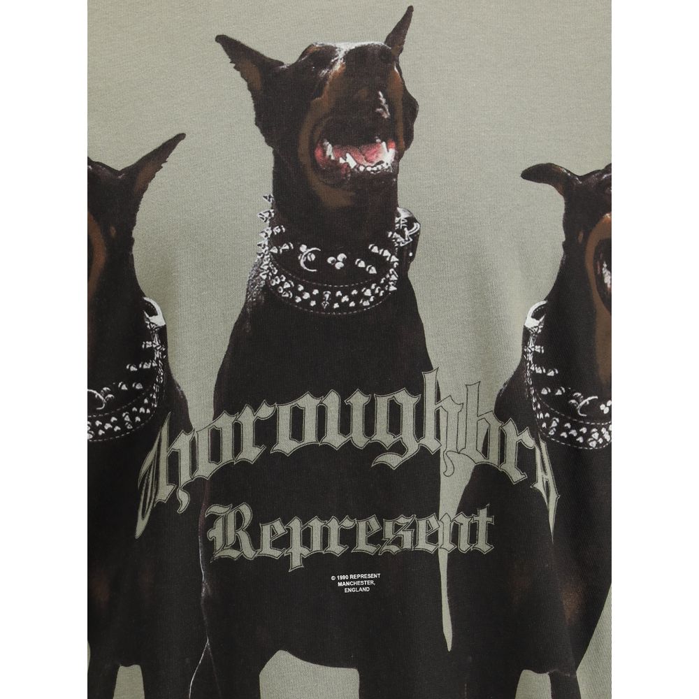 Graphic print of three Doberman dogs with spiked collars and gothic text 'Thoroughbred Represent' on fabric