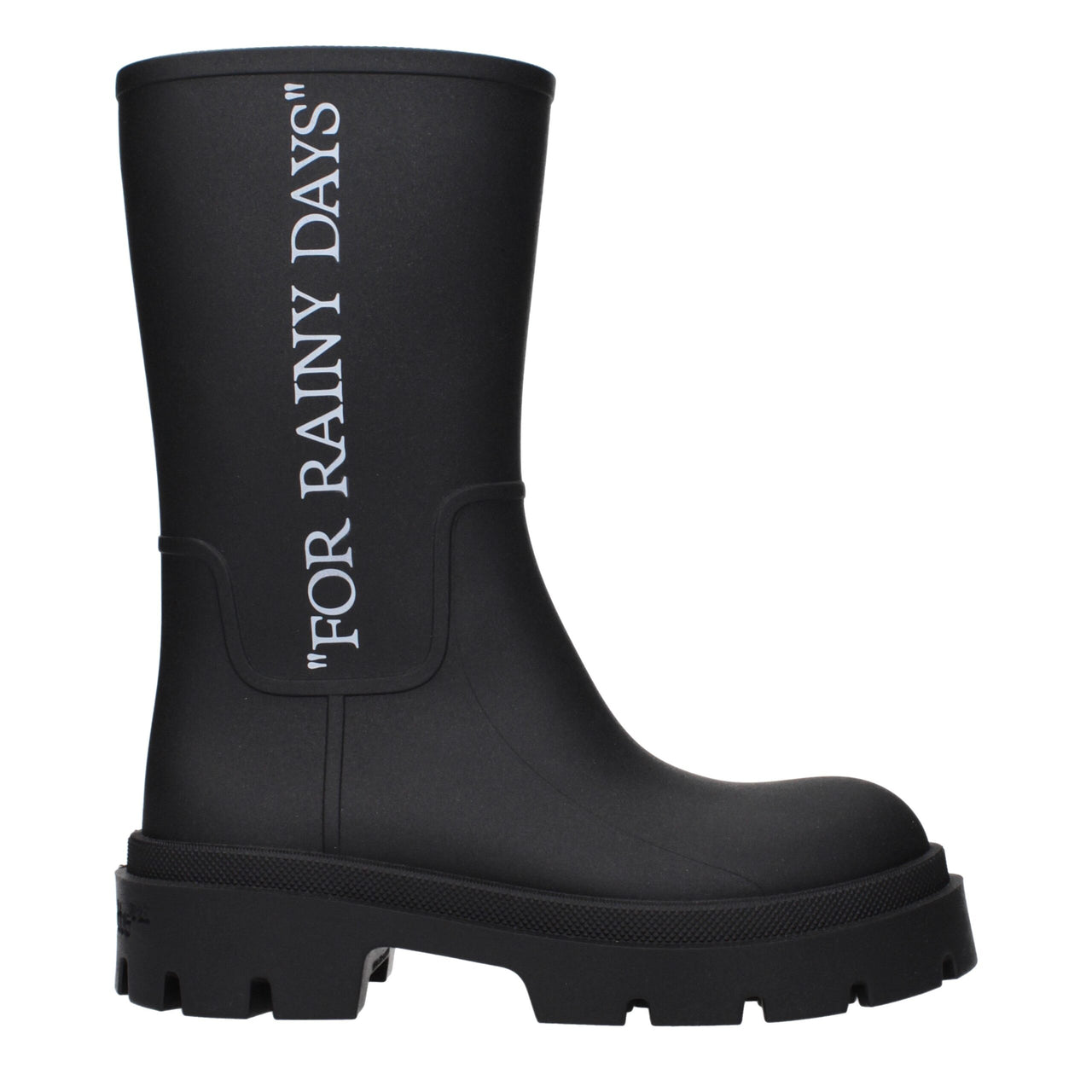 Black rubber rain boot with chunky sole and vertical text "FOR RAINY DAYS"