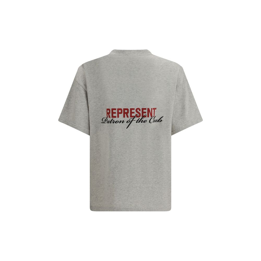 Grey short-sleeve T-shirt with small red and black text designs on front