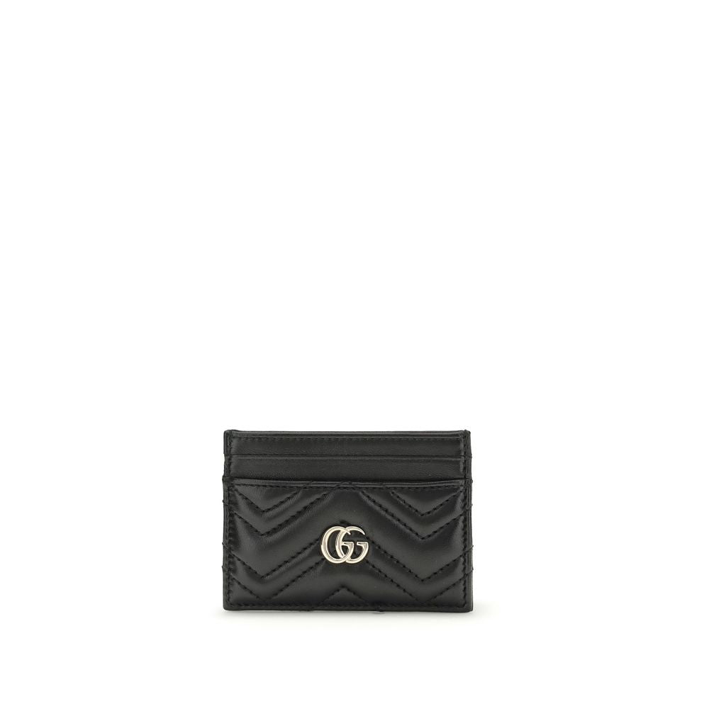 Black leather cardholder with chevron stitching and metal GG logo