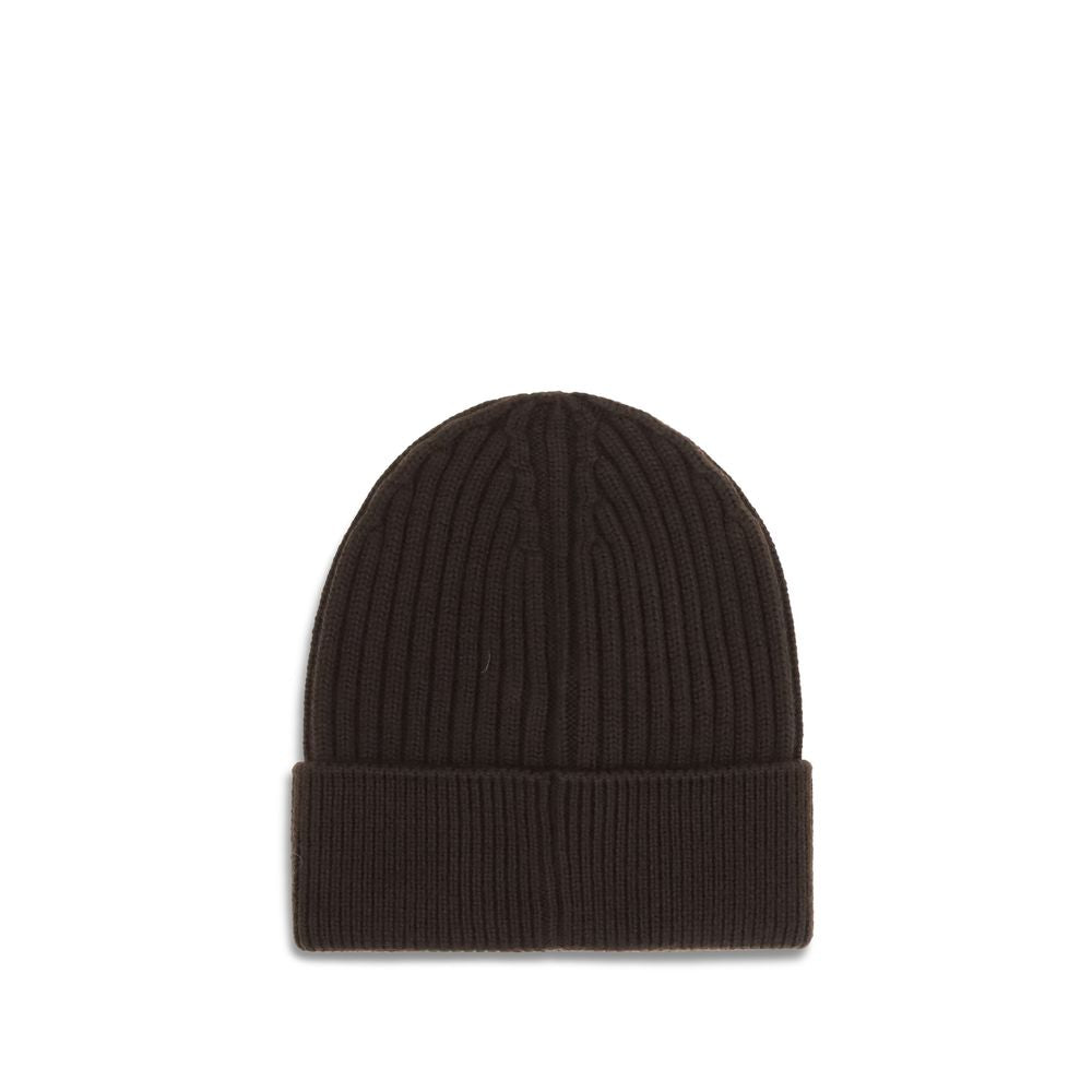Black ribbed knit beanie hat with folded cuff on white background