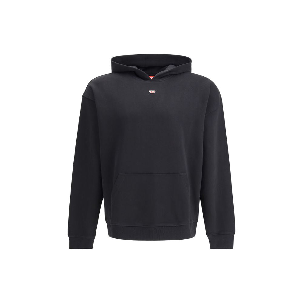 Black hoodie with front pocket and small red and white logo on chest against white background
