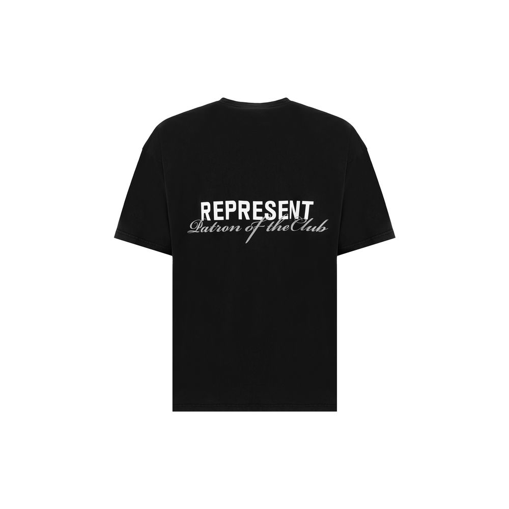 Black short-sleeve t-shirt with white text graphics on chest area