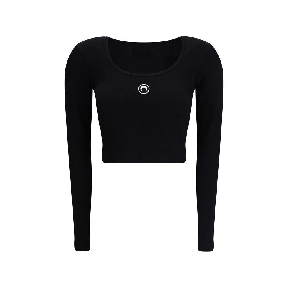 Black long sleeve cropped top with scoop neckline and small circular white logo