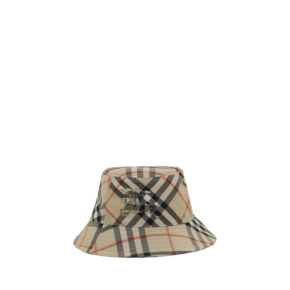 Beige Burberry bucket hat with classic check pattern and embroidered knight logo