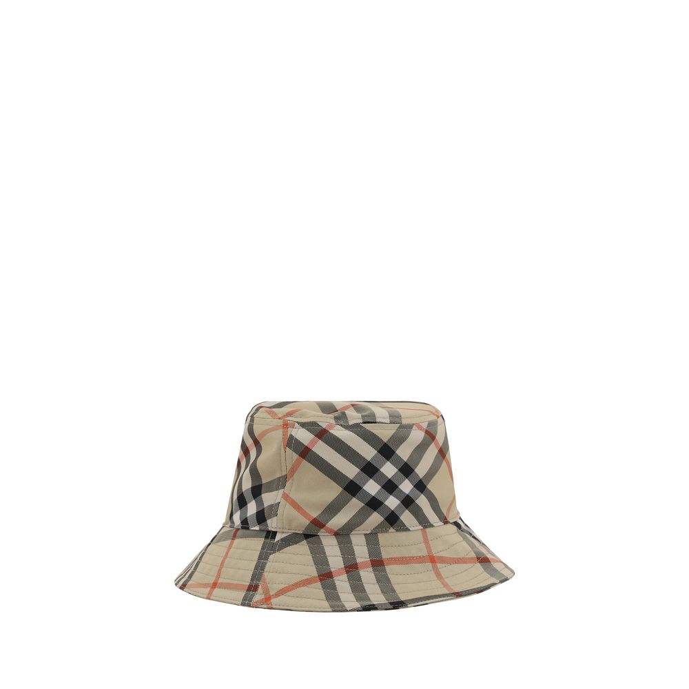Beige plaid bucket hat with black, white, and red check pattern on white background