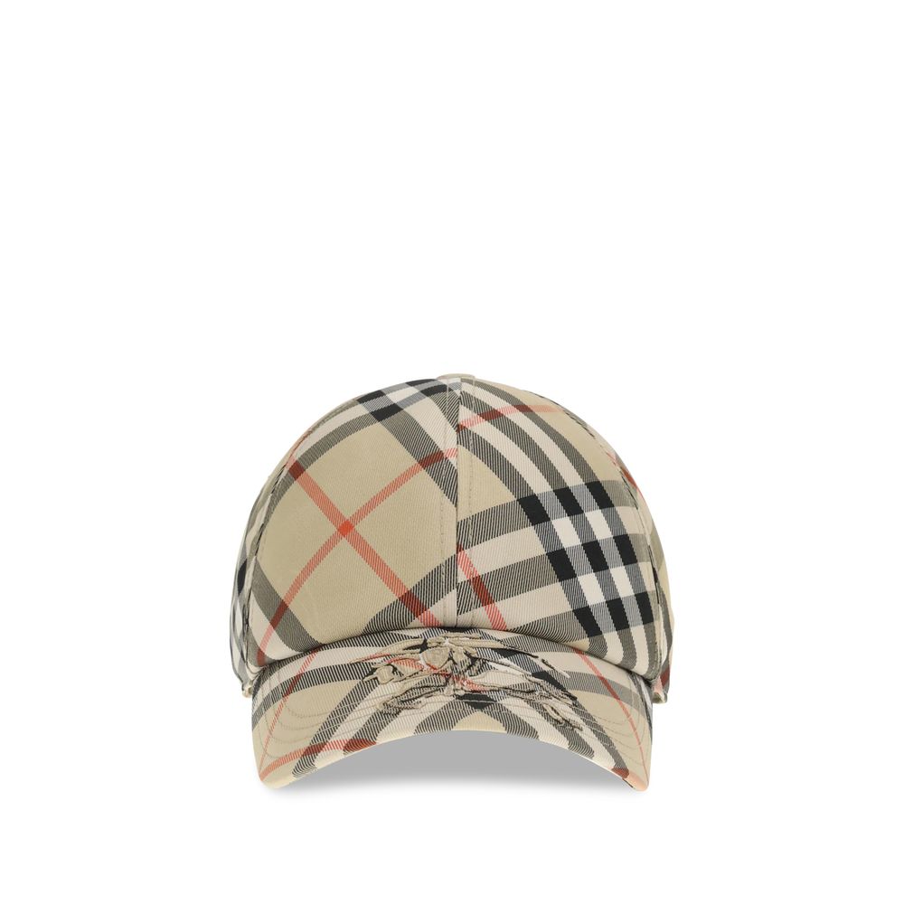 Beige plaid baseball cap with red and black check pattern and logo embroidery on front