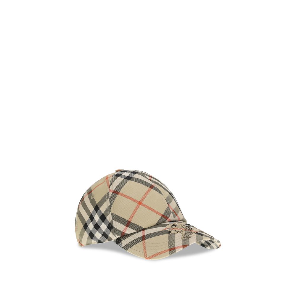 Beige plaid baseball cap with red and black check pattern and logo embroidery on front